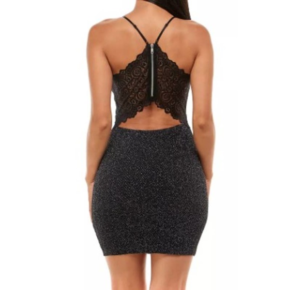 EMERALD SUNDAE SZ S black shimmer lace back bodycon mini dress NWT B59 - Picture 1 of 8